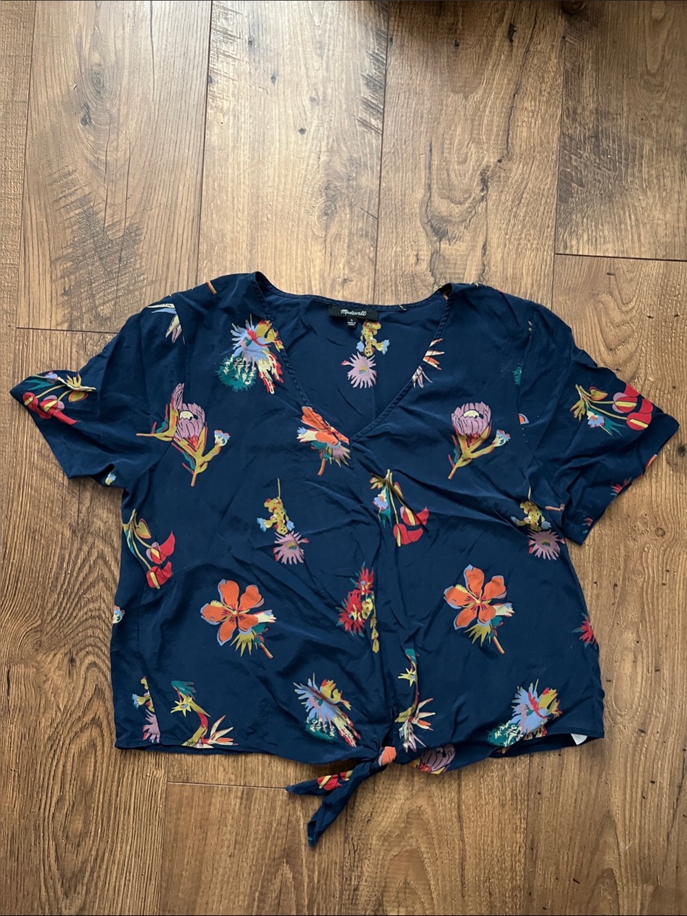 Madewell Navy Floral Tie-Front V-Neck Blouse
